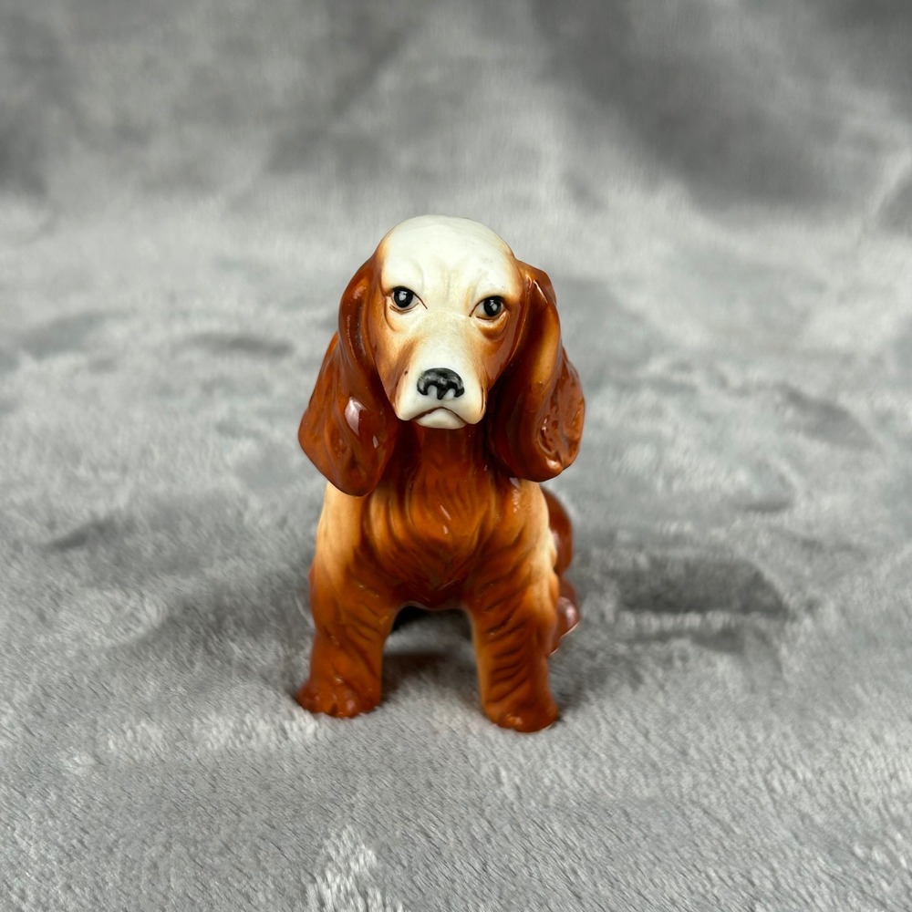 Vintage Ceramic Spaniel Dog Figurine Brown White Glossy Sitting Puppy Statue